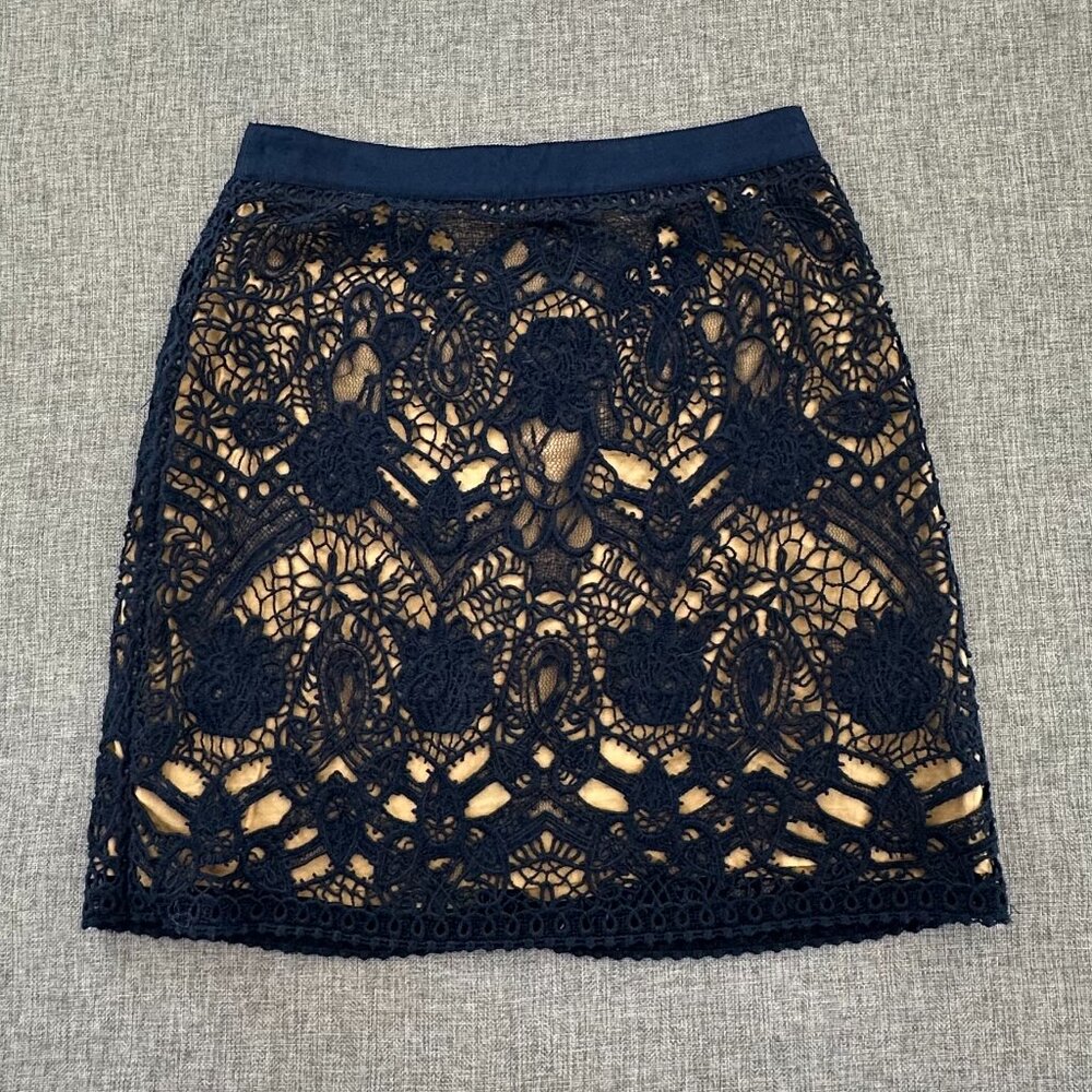Club Monaco Knit Lace Mini Skirt Navy Blue &‎ Tan 00 Lined Polyester & Cotton
